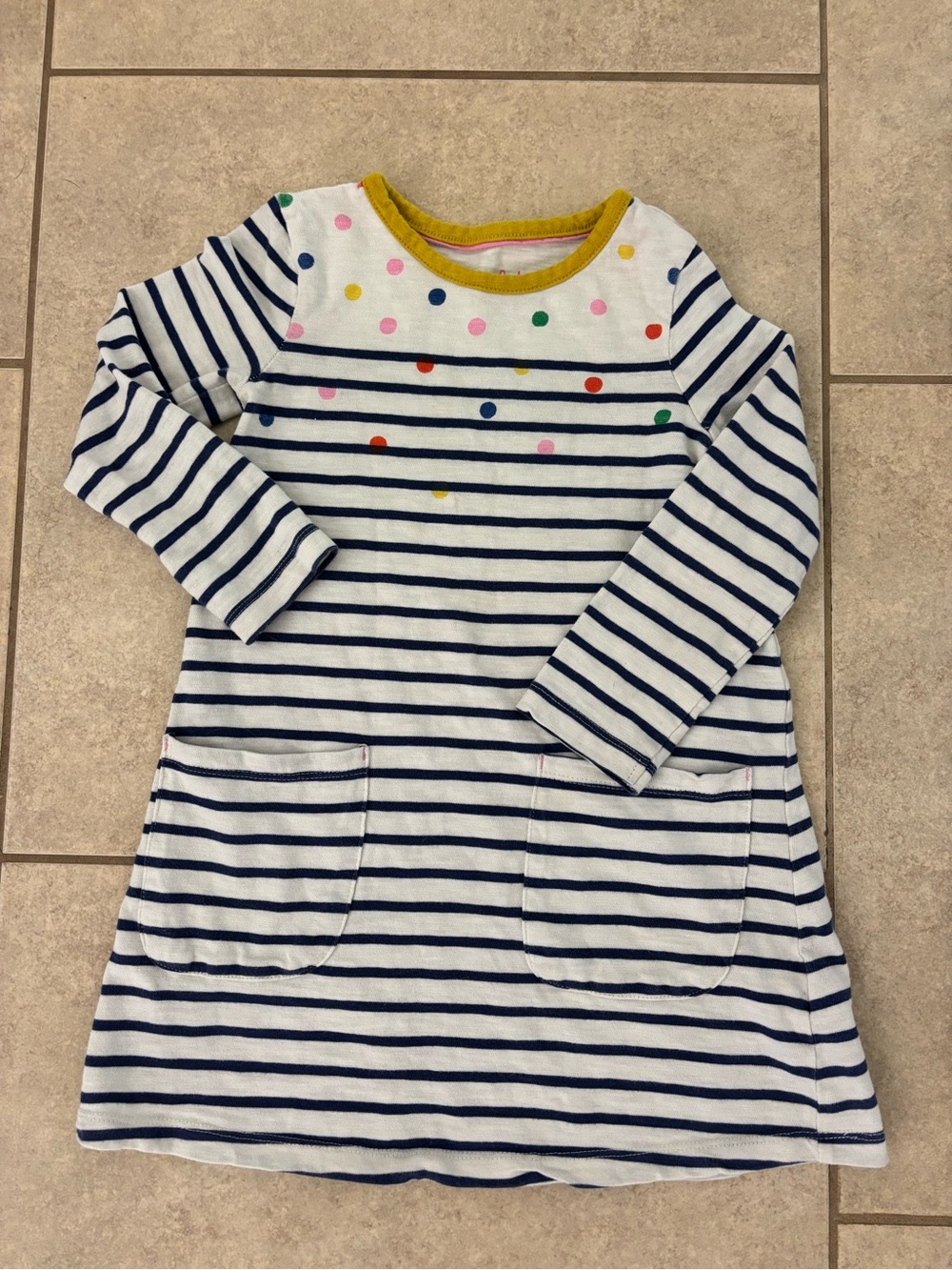 Mini Boden Navy Stripe Dress with Multicolor Polka Dots and Yellow Trim